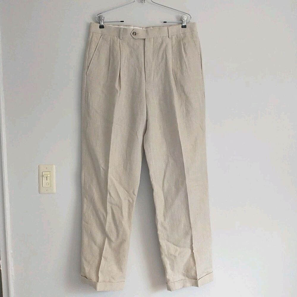 Grant Thomas Pants Trousers Mens 36x32 Beige Linen Slacks Cuffed Pleated
